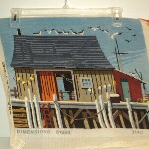 Dimensions Needlepoint Picture #2140 Completed Vintage Seaside House 14" x 17.5"